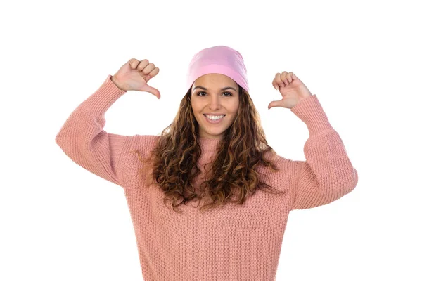 Mujer Esperanzada Con Cáncer Usando Una Bufanda Rosa Reflexiva Aislada — Foto de Stock