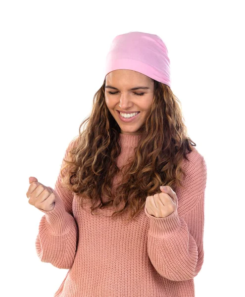 Mujer Esperanzada Con Cáncer Usando Una Bufanda Rosa Reflexiva Aislada —  Fotos de Stock