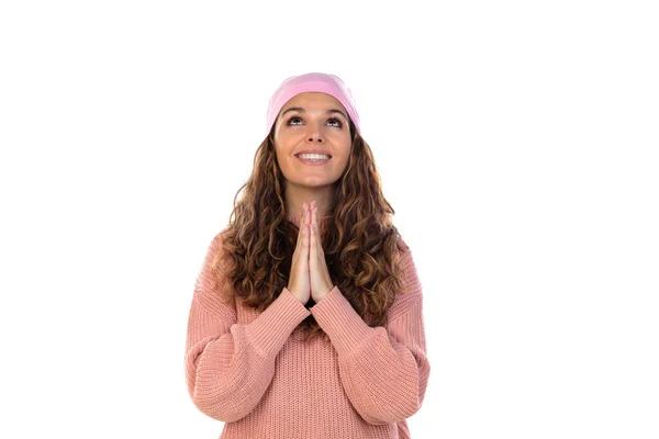 Mujer Esperanzada Con Cáncer Usando Una Bufanda Rosa Reflexiva Aislada —  Fotos de Stock