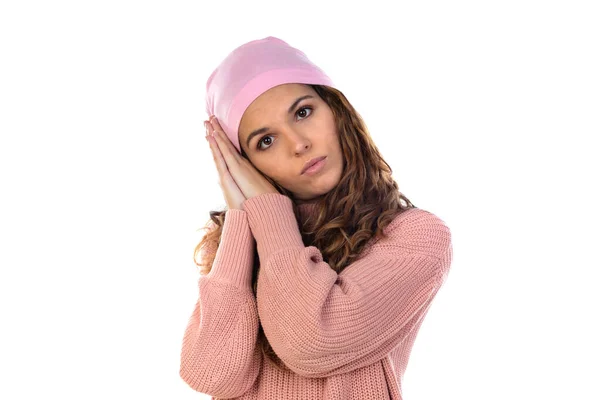 Mulher Esperançosa Com Câncer Vestindo Cachecol Rosa Pensativo Isolado Fundo — Fotografia de Stock