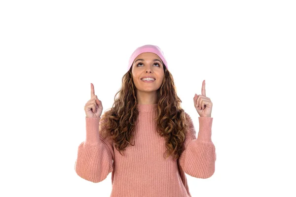 Mujer Esperanzada Con Cáncer Usando Una Bufanda Rosa Reflexiva Aislada —  Fotos de Stock