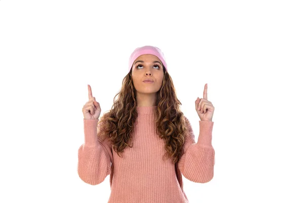 Сподіваюся Жінка Раком Носить Вдумливий Рожевий Шарф Ізольований Білому Тлі — стокове фото