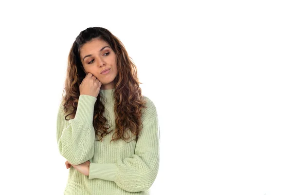 Mulher Bonita Com Cabelo Ondulado Isolado Fundo Branco — Fotografia de Stock