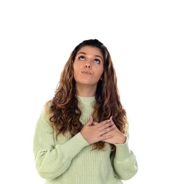 Bella Donna Con Capelli Ondulati Isolati Uno Sfondo Bianco — Foto Stock