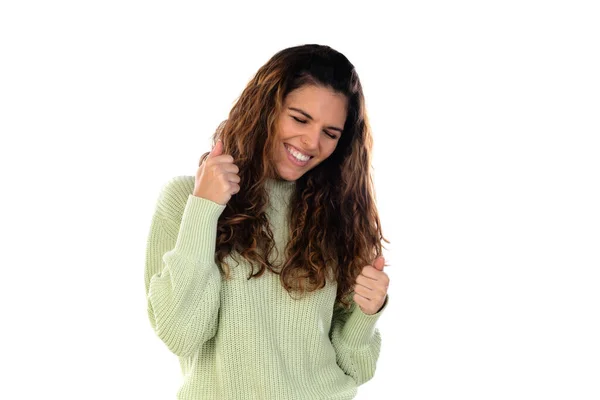 Mulher Bonita Com Cabelo Ondulado Isolado Fundo Branco — Fotografia de Stock