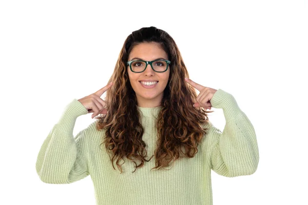 Mooie Vrouw Met Golvend Haar Geïsoleerd Een Witte Achtergrond — Stockfoto