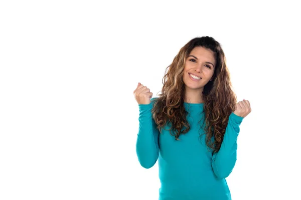 Mulher Casual Com Cabelo Ondulado Longo Isolado Fundo Branco — Fotografia de Stock