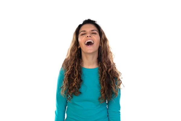 Mulher Casual Com Cabelo Ondulado Longo Isolado Fundo Branco — Fotografia de Stock