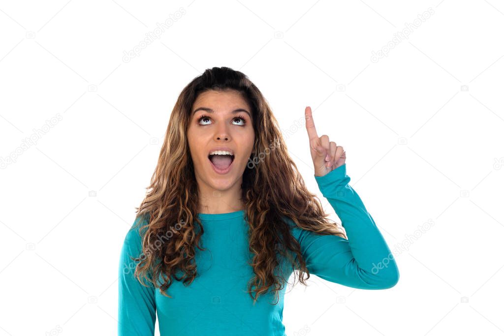 Casual woman with wavy and long hair isolated on a white background