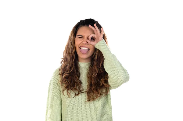 Mulher Bonita Com Cabelo Ondulado Isolado Fundo Branco — Fotografia de Stock