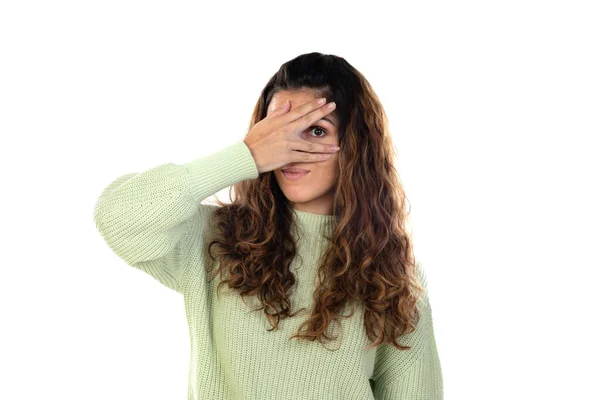 Mulher Bonita Com Cabelo Ondulado Isolado Fundo Branco — Fotografia de Stock