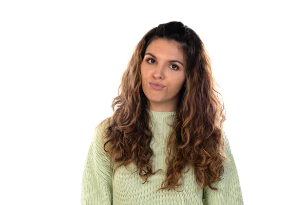 Belle Femme Aux Cheveux Ondulés Isolé Sur Fond Blanc — Photo