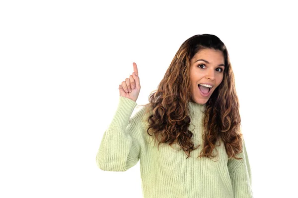 Mulher Bonita Com Cabelo Ondulado Isolado Fundo Branco — Fotografia de Stock