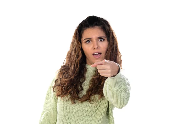 Mulher Bonita Com Cabelo Ondulado Isolado Fundo Branco — Fotografia de Stock