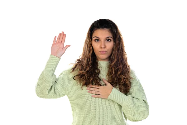 Mooie Vrouw Met Golvend Haar Geïsoleerd Een Witte Achtergrond — Stockfoto