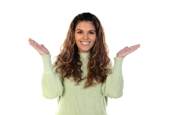 Mooie Vrouw Met Golvend Haar Geïsoleerd Een Witte Achtergrond — Stockfoto