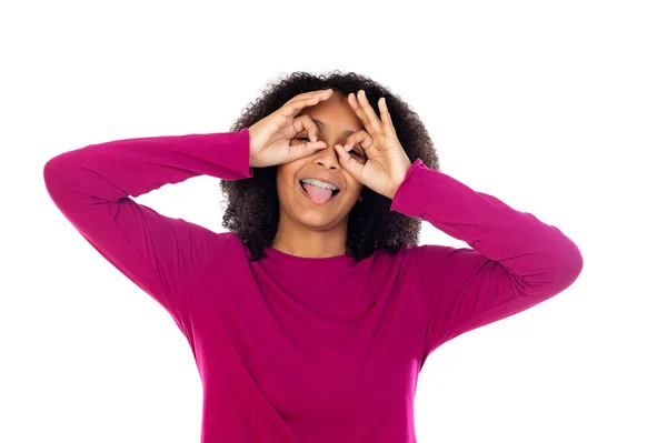 stock image Beautiful teenager girl with pink sweater isolated on a white background