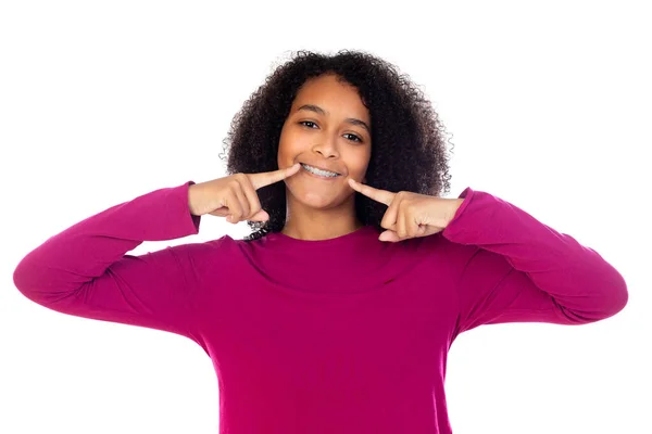 Menina Adolescente Bonita Com Aparelho Dentário Isolado Fundo Branco — Fotografia de Stock