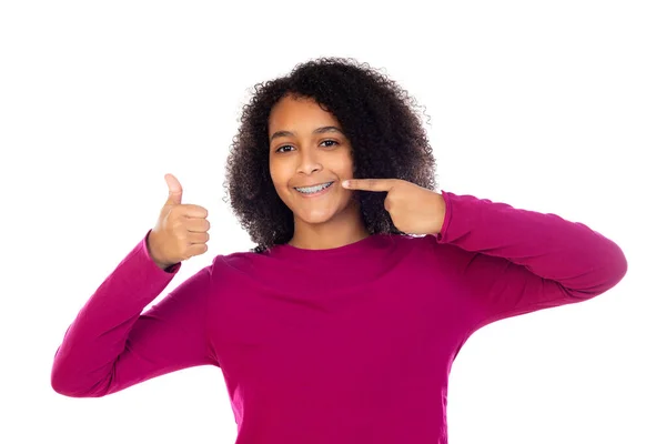 Menina Adolescente Bonita Com Aparelho Dentário Isolado Fundo Branco — Fotografia de Stock