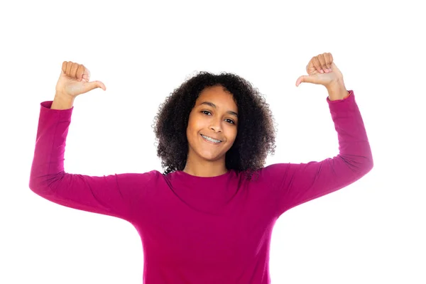 Mooi Tiener Meisje Met Roze Trui Geïsoleerd Een Witte Achtergrond — Stockfoto