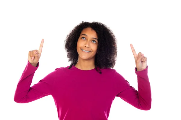 Bella Ragazza Adolescente Con Maglione Rosa Isolato Uno Sfondo Bianco — Foto Stock