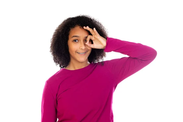 Menina Adolescente Bonita Com Suéter Rosa Isolado Fundo Branco — Fotografia de Stock