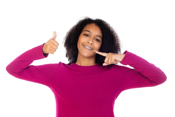 Hermosa Adolescente Con Frenos Dentales Aislados Sobre Fondo Blanco — Foto de Stock