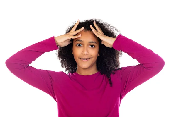 Schöne Teenager Mädchen Mit Rosa Pullover Isoliert Auf Weißem Hintergrund — Stockfoto