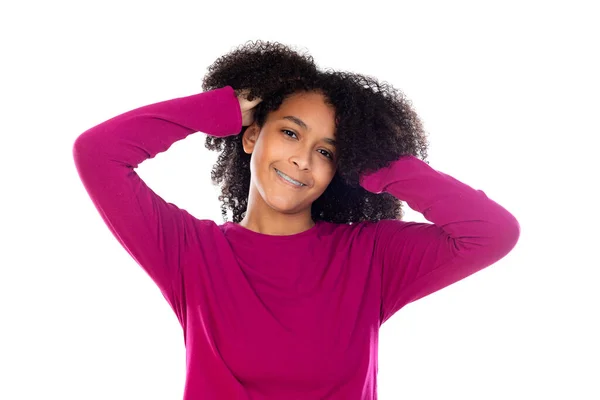 Hermosa Adolescente Con Suéter Rosa Aislado Sobre Fondo Blanco — Foto de Stock