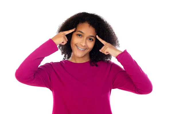 Mooi Tiener Meisje Met Roze Trui Geïsoleerd Een Witte Achtergrond — Stockfoto