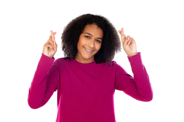 Vakker Tenåringsjente Med Rosa Genser Isolert Hvit Bakgrunn – stockfoto