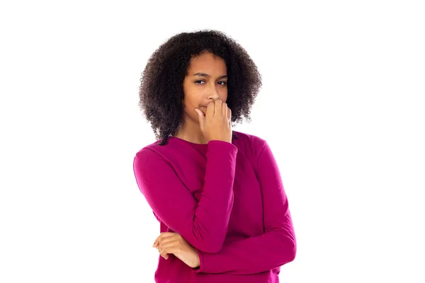 Schöne Teenager Mädchen Mit Rosa Pullover Isoliert Auf Weißem Hintergrund — Stockfoto