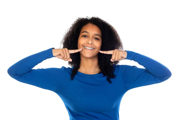 Tiener Meisje Dragen Blauwe Trui Geïsoleerd Een Witte Achtergrond — Stockfoto