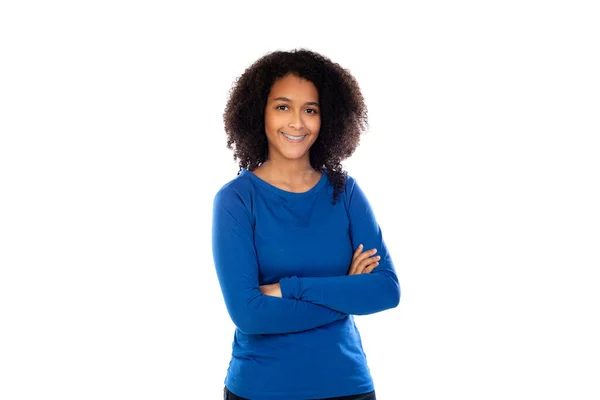 Adolescente Chica Usando Suéter Azul Aislado Sobre Fondo Blanco —  Fotos de Stock