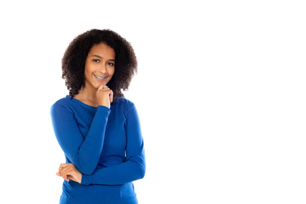 Adolescente Chica Usando Suéter Azul Aislado Sobre Fondo Blanco —  Fotos de Stock