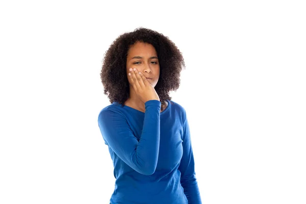 Teenager Mädchen Trägt Blauen Pullover Isoliert Auf Weißem Hintergrund — Stockfoto