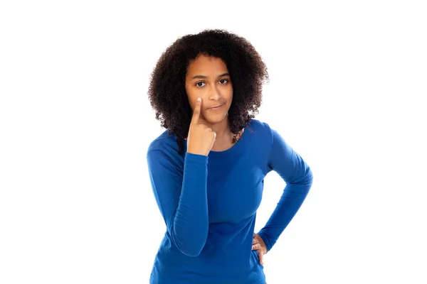 Teenager Mädchen Trägt Blauen Pullover Isoliert Auf Weißem Hintergrund — Stockfoto