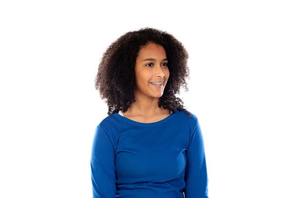 Adolescente Menina Vestindo Camisola Azul Isolado Fundo Branco — Fotografia de Stock