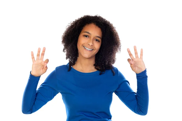 Tiener Meisje Dragen Blauwe Trui Geïsoleerd Een Witte Achtergrond — Stockfoto