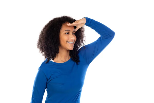 Tiener Meisje Dragen Blauwe Trui Geïsoleerd Een Witte Achtergrond — Stockfoto