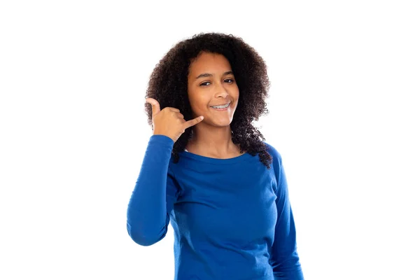 Tiener Meisje Dragen Blauwe Trui Geïsoleerd Een Witte Achtergrond — Stockfoto