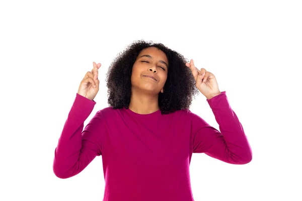 Teenager Mädchen Mit Afro Haaren Trägt Rosa Pullover Isoliert Auf — Stockfoto