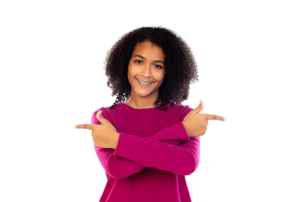 Tiener Meisje Met Afro Haar Dragen Roze Trui Geïsoleerd Een — Stockfoto