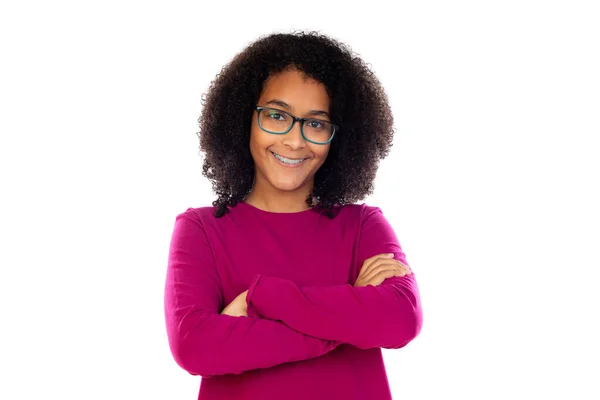 Nastolatka Dziewczyna Afro Włosy Noszenie Różowy Sweter Izolowane Białym Tle — Zdjęcie stockowe