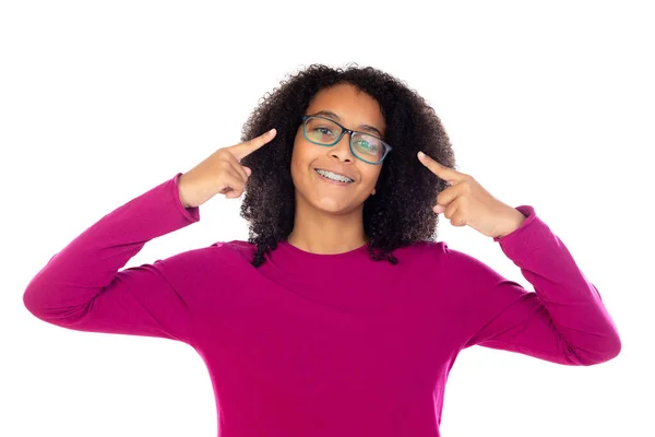 Tiener Meisje Met Afro Haar Dragen Roze Trui Geïsoleerd Een — Stockfoto