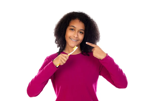Дівчина Підліток Афро Волоссям Рожевому Светрі Ізольована Білому Тлі — стокове фото