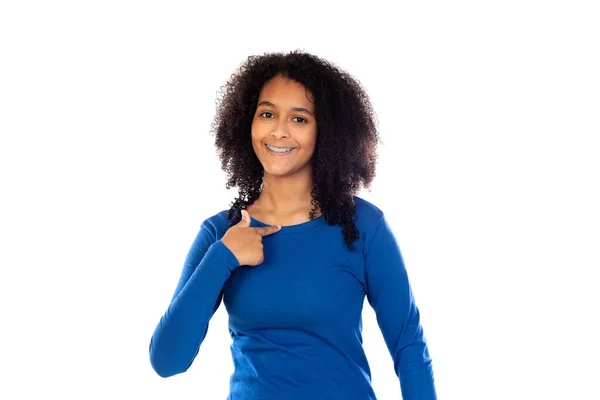 Nastolatka Dziewczyna Afro Włosy Noszenie Niebieski Sweter Izolowane Białym Tle — Zdjęcie stockowe