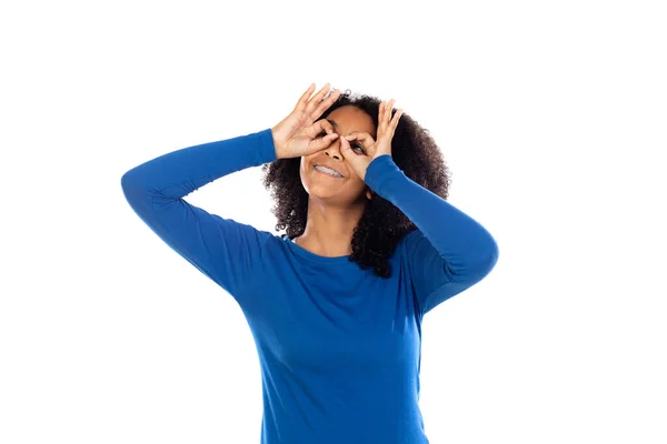 Teenager Girl Afro Hair Wearing Blue Sweater Isolated White Background — Stock Photo, Image