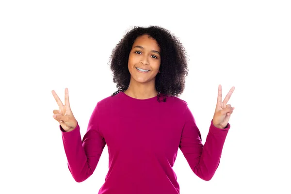 Tiener Meisje Met Afro Haar Dragen Roze Trui Geïsoleerd Een — Stockfoto