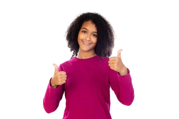 Tiener Meisje Met Afro Haar Dragen Roze Trui Geïsoleerd Een — Stockfoto